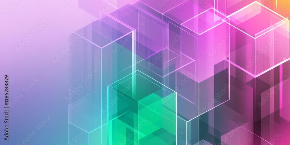 Poster geometric hexagons overlapping in vivid neon purple and green, forming futuristic digital pattern wi