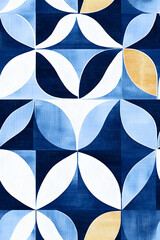 Watercolor abstract blue geometric tiles seamless pattern with ornamental element