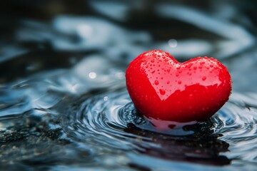 Obraz premium Red heart floating gently on water with raindrops reflecting soft light in the background