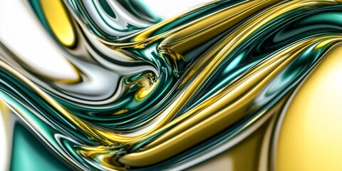 Swirling metallic waves in golden and emerald green create a vibrant, abstract texture, exuding elegance and modern luxury