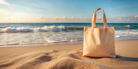 A simple beige tote bag sits on a sandy beach with the ocean waves gently lapping at the shore in the background.
