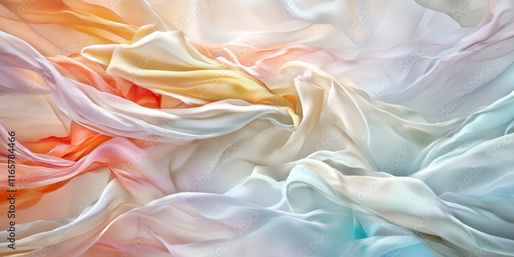 Poster pastel fabric flowing in soft, undulating waves, creating ethereal abstract pattern with delicate cu