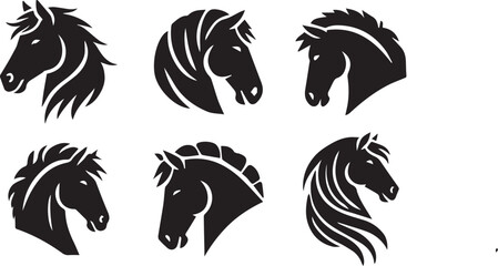 Fototapeta premium Horse head vector black silhouette lineart logo icon bundle, animal isolated on white background collection, creative minimal clean detail editable set