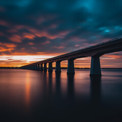A long concrete bridge over the bay, sunset,