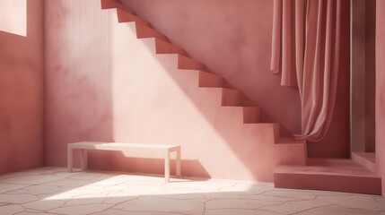 Naklejka premium Minimalist Room with Bench and Stairs in Light Crimson and Light Bronze Tones. Charming Character Illustrations and Earthy Organic Shapes Shown. Precise Detailing in Ultra Detailed Photorealistic 16K 