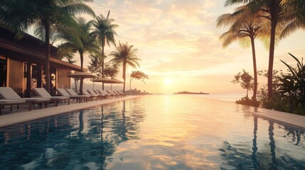 Sunset View of Resort Pool with Palm Trees