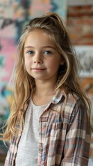 Fototapeta premium Portrait of a girl with long blonde hair and blue eyes in plaid shirt on graffiti background. Suitable for fashion blogs, advertising children's clothes and creative projects.