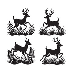 Set of A jungle deer leaping through the grass silhouette, black and white silhouette, vector and illustration