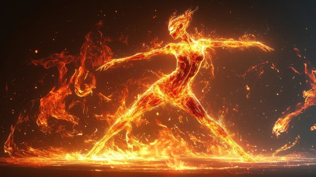 A dynamic futuristic dancer made of fire, gracefully moving Design the energetic and rhythmic dance of a futuristic dancer made of fire. She both dances and burns - Powered by Adobe
