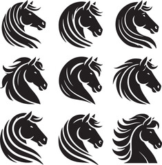 Horse head vector black silhouette lineart logo icon bundle, animal isolated on white background collection, creative minimal clean detail editable set