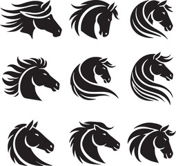 Horse head vector black silhouette lineart logo icon bundle, animal isolated on white background collection, creative minimal clean detail editable set