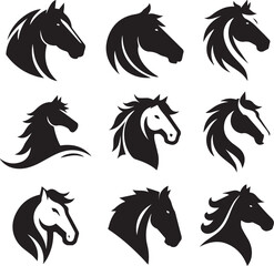 Horse head vector black silhouette lineart logo icon bundle, animal isolated on white background collection, creative minimal clean detail editable set