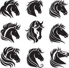 Horse head vector black silhouette lineart logo icon bundle, animal isolated on white background collection, creative minimal clean detail editable set