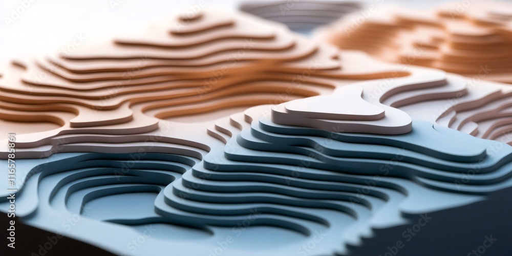 Poster abstract 3d render of layered wavy structures resembling dunes or topography, forming an abstract la