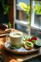 Delicious matcha latte served with fresh avocado toast and vibrant fruit on a sunny window sill