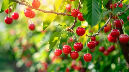 Obraz premium Close-up of cherry branches with juicy red berries on the background of green foliage. Suitable for illustrations in cookbooks, advertising of garden products and decoration of summer events.