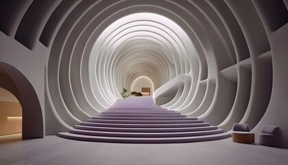 Obraz premium Modern architectural interior with curved walls, a staircase, and soft lighting, creating a serene and minimalist atmosphere.
