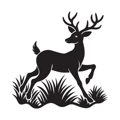 A jungle deer leaping through the grass silhouette, black and white silhouette, vector and illustration
