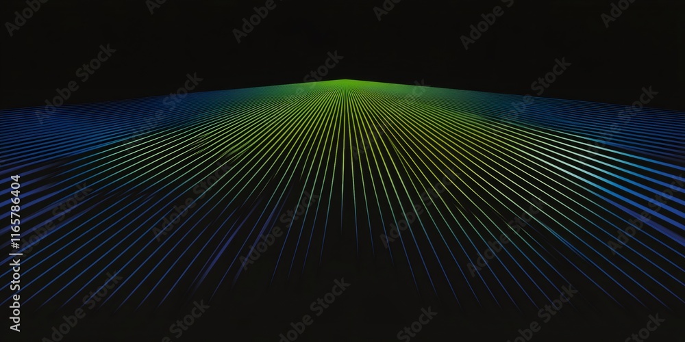 Poster abstract geometric grid converging in perspective with vibrant neon green and blue lines against a d