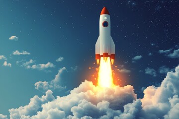 Fototapeta premium Rocket launches into a starry sky, leaving trails of smoke and flames in the evening atmosphere