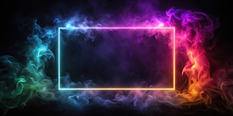 Abstract neon glow frame through swirling colorful smoke on a black background