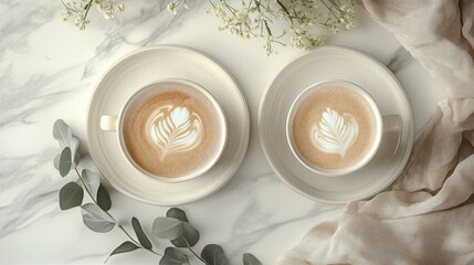 Coffee cups with latte art placed on a cozy table with flowers and greenery