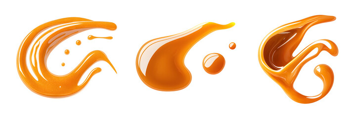 Fototapeta premium Set of abstract swirls from sweet caramel sauce isolated on white background. Vector style illustration design for packaging or print products.