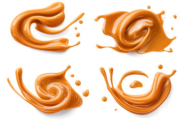 Obraz premium Set of abstract swirls from sweet caramel sauce isolated on white background. Vector style illustration design for packaging or print products.