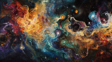 Fototapeta premium Swirling cosmic clouds of iridescent colors converging to form an abstract celestial tapestry.