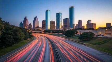 Obraz premium Vibrant City Skyline at Dusk with Light Trails