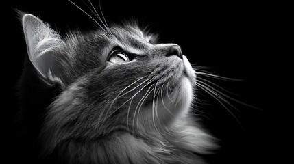 Monochrome close-up of a long-haired cat looking up against a black background.