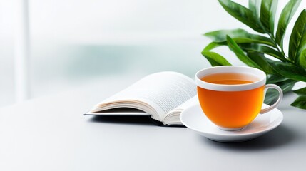 A cozy scene with a cup of tea and an open book.