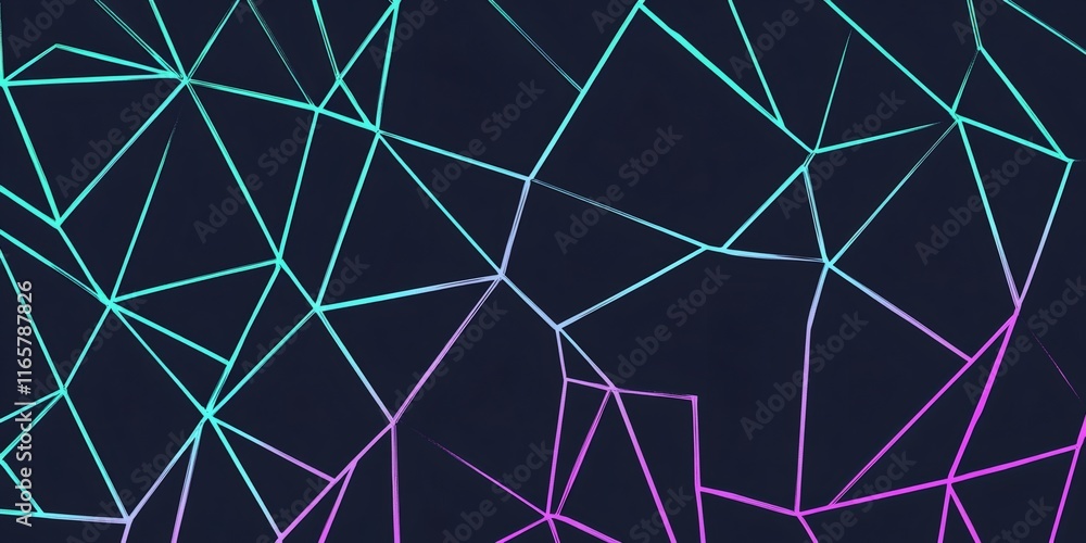 Poster polygonal network background glowing with vibrant neon gradient transitioning from turquoise to deep