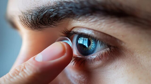 Precise moment of inserting soft contact lens into blue eye, showcasing careful vision correction and personal healthcare routine