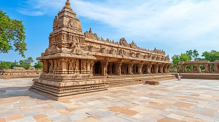 Obraz premium A stunning stone temple with intricate carvings, surrounded by lush greenery and under a bright blue sky, showcasing ancient architecture.