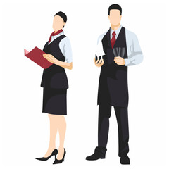 Professional Waitstaff Holding Menus and Orders in Uniform Illustration