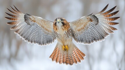 Red-tailed hawk in flight, wings spread wide, showcasing detailed plumage against a blurred winter background.