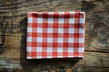 Obraz premium Red and white checked napkin folded on rustic wooden table