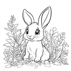 A cute, cartoon-style rabbit sits among plants, featuring a friendly expression, perfect for coloring activities.