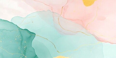 Fototapeta premium Pastel fluid art with golden lines blending soft mint, pale pink, and luxurious gold tones into mesmerizing abstract painting background