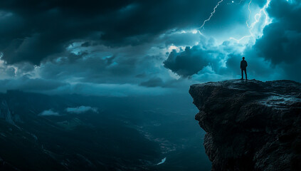 Fototapeta premium A man standing on the edge of an abyss with dark clouds and lightning in the sky above him.