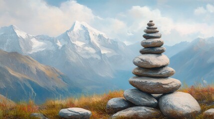 Zen stack of stones in the mountain with copy space, cairn of balanced rocks, nature healing, balance wellness and harmony still life