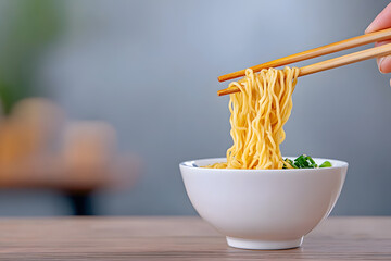 Close-up chopsticks picking up ramen noodles from a bowl