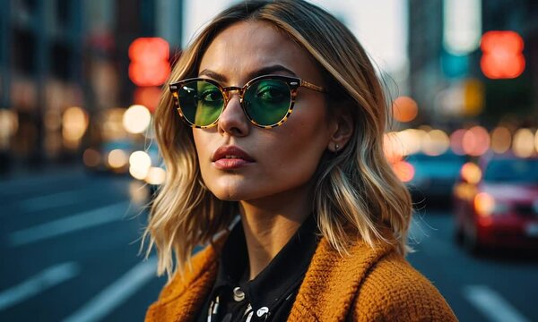 A confident woman wearing trendy sunglasses, posing outdoors with a chic look.