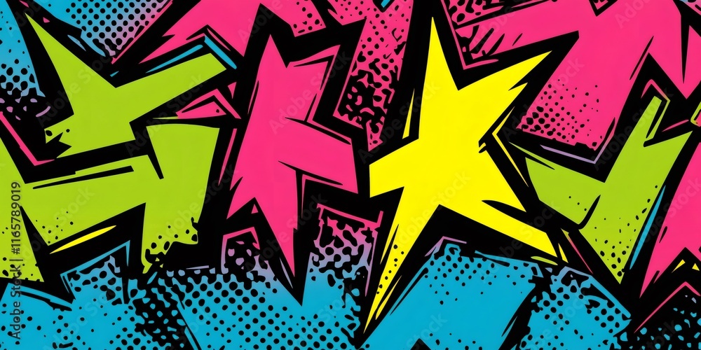 Poster Neon colored chaotic lines intertwining with dynamic energy, generating vibrant abstract pattern symbolizing modern digital communication and visual motion