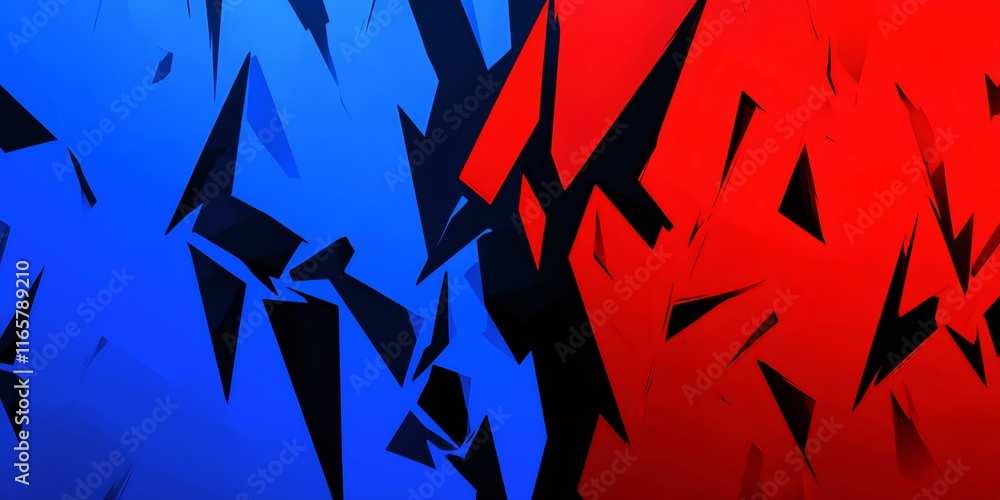 Poster geometric neon lines intersecting aggressively, forming sharp electric red and blue abstract pattern