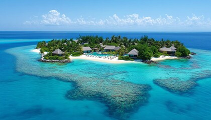 Fototapeta premium Scenic aerial view of a Maldives resort, featuring stunning overwater villas, white sandy beaches, and turquoise lagoons, bathed in sunlight