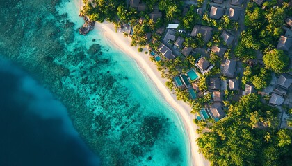 Scenic aerial view of a Maldives resort, featuring stunning overwater villas, white sandy beaches, and turquoise lagoons, bathed in sunlight