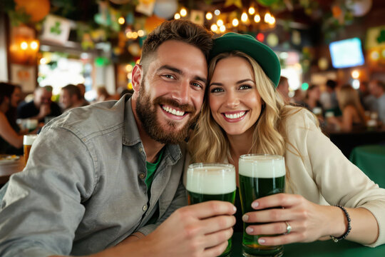 A lively pub scene with a happy couple, smiling at the camera while enjoying their green St. Patrick's Day beers.
