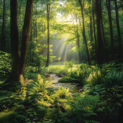 Fototapeta premium Sunlit Serenity: A Tranquil Escape in the Heart of the Forest